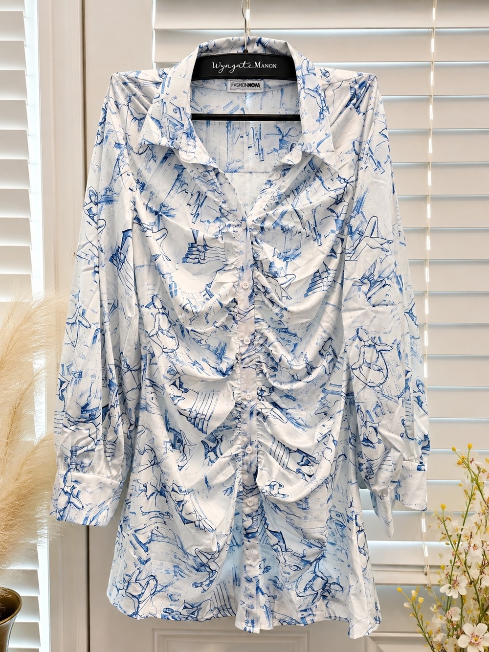 Blue & White Ruched Button-Front Satin Mini Dress